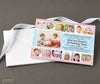 twin 1st year joint birthday party invitation with 12 small photos and one large photo, pink background and blue polka dot ribbon, printed on cardstock