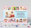 twin 1st year joint birthday party invitation with 12 small photos and one large photo, pink background and blue polka dot ribbon