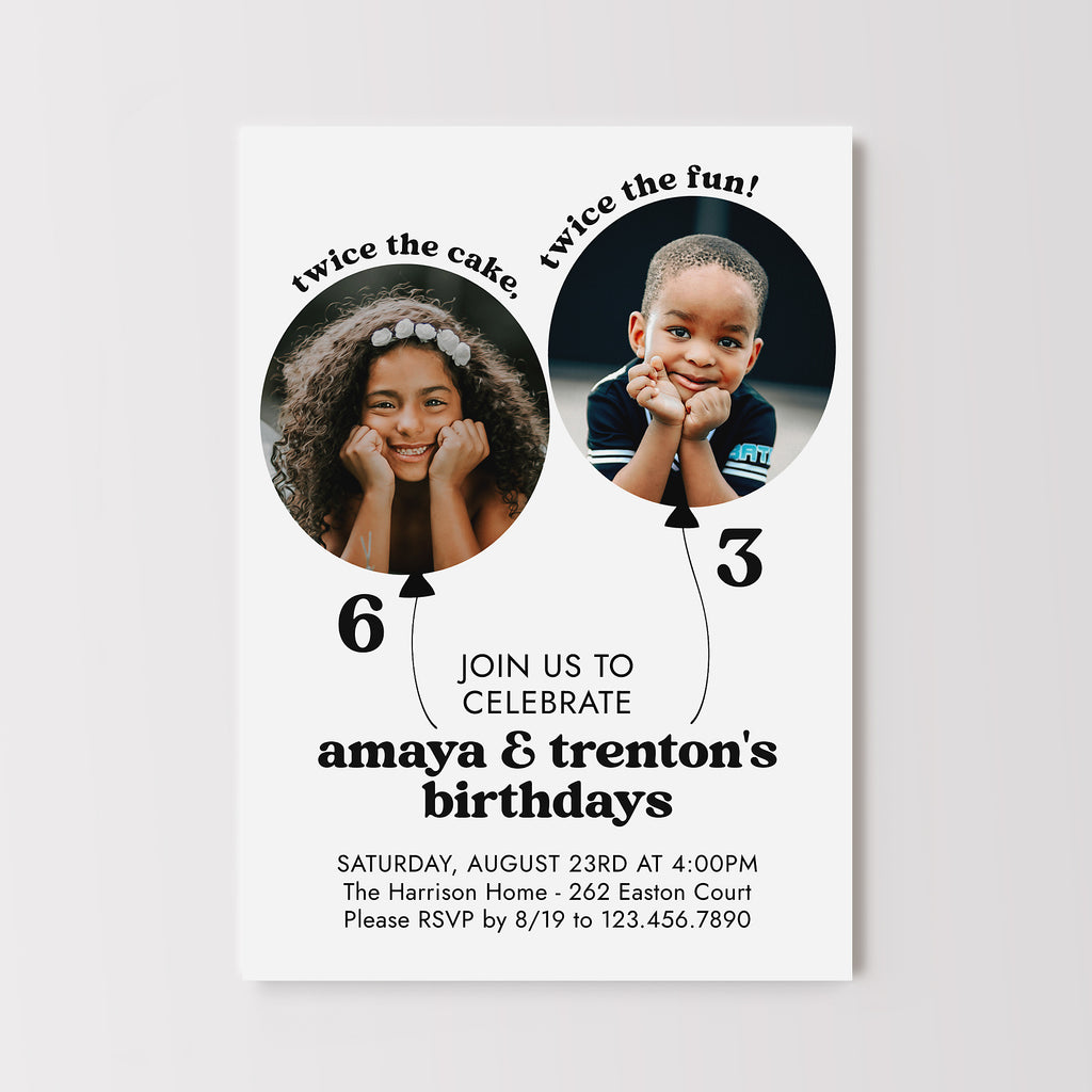 dual birthday invitation for 2 kids with white background, black text and photos in the shape of balloons. 