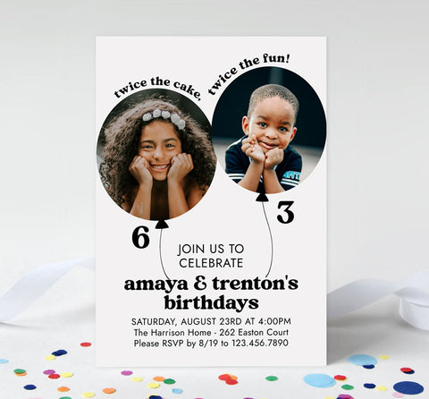 dual birthday invite for two children with white background, black text, and kids photos in balloon shaped frames