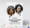 dual birthday invite for two children with white background, black text, and kids photos in balloon shaped frames