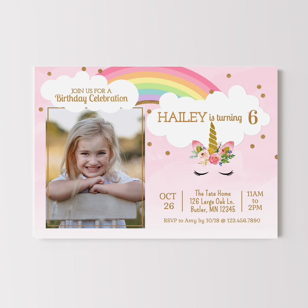 Birthday invitation card with a photo, unicorn face, and rainbow on a pink background.