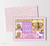 unicorn birthday invitation for two girls with pink, purple and gold color scheme, polka dot background and 3 photos, double sided