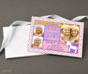 unicorn birthday invitation for two girls with pink, purple and gold color scheme, polka dot background and 3 photos, printed on cardstock