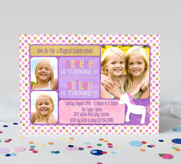 unicorn birthday invitation for two girls with pink, purple and gold color scheme, polka dot background and 3 photos