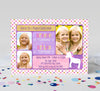 unicorn birthday invitation for two girls with pink, purple and gold color scheme, polka dot background and 3 photos