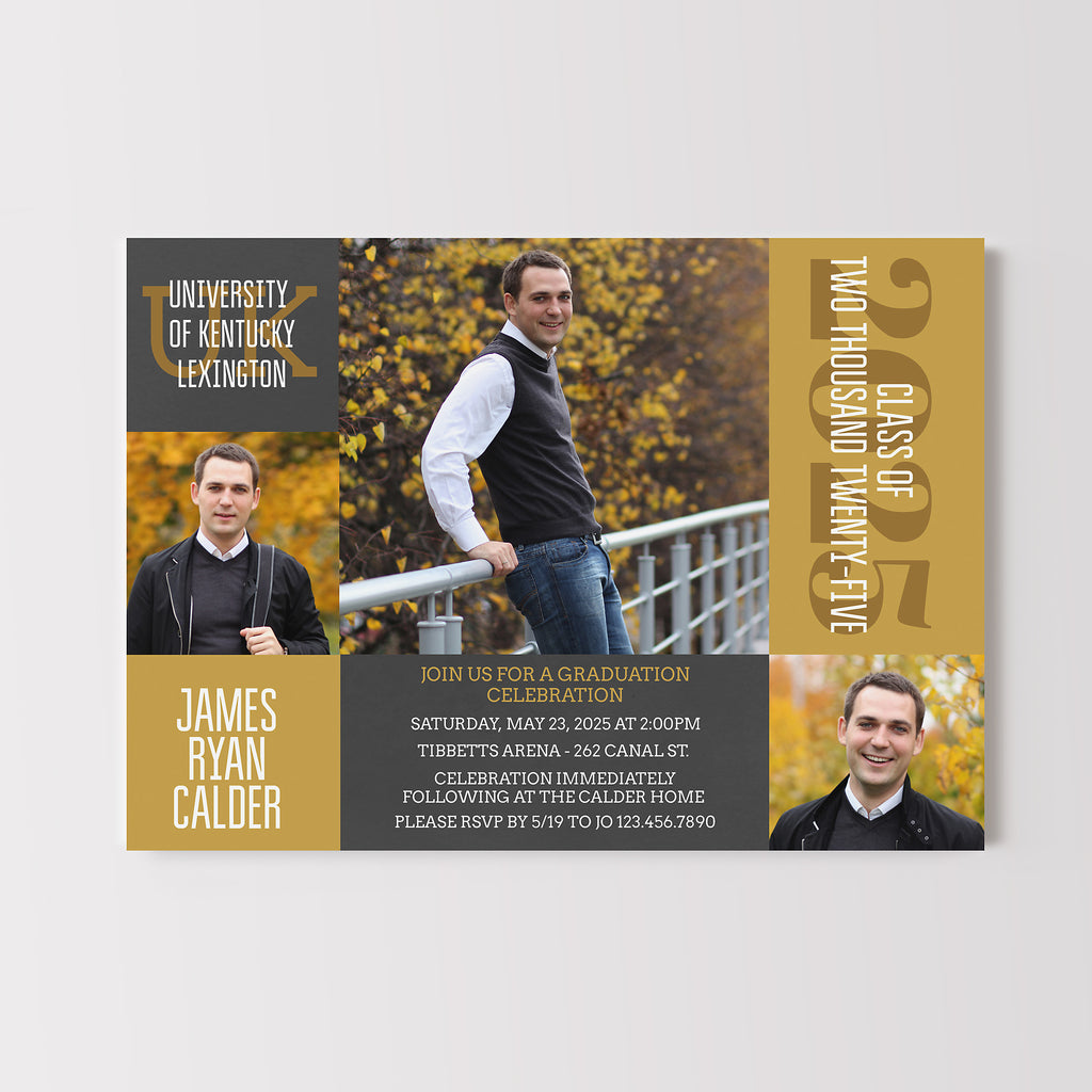 Graduation announcement with 3 photos and colorful blocks for text. 