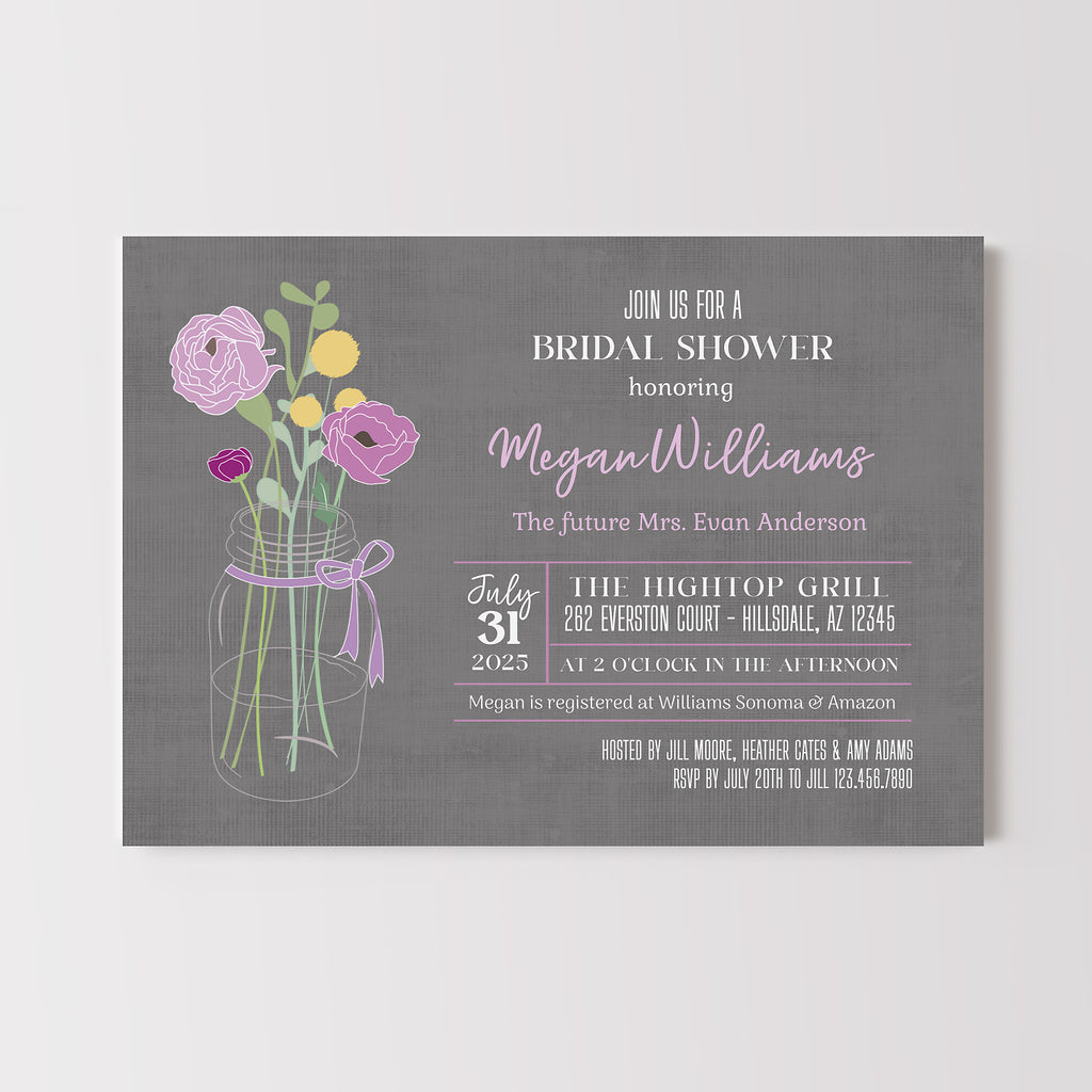 Bridal shower invitation with purple flowers in a jar on a gray background