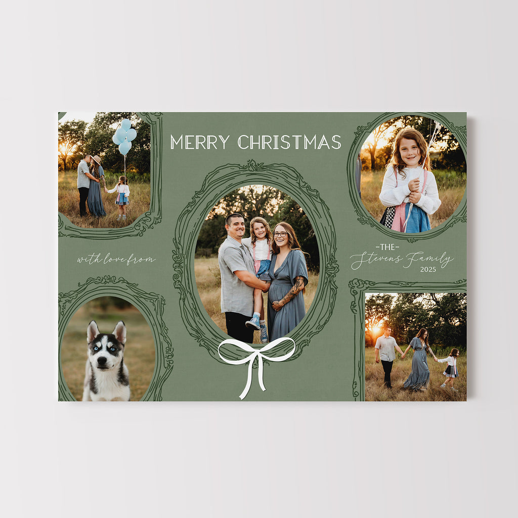 Horizontal Christmas card with green background, 5 photos in various shapes with line drawn vintage style frames and white text.
