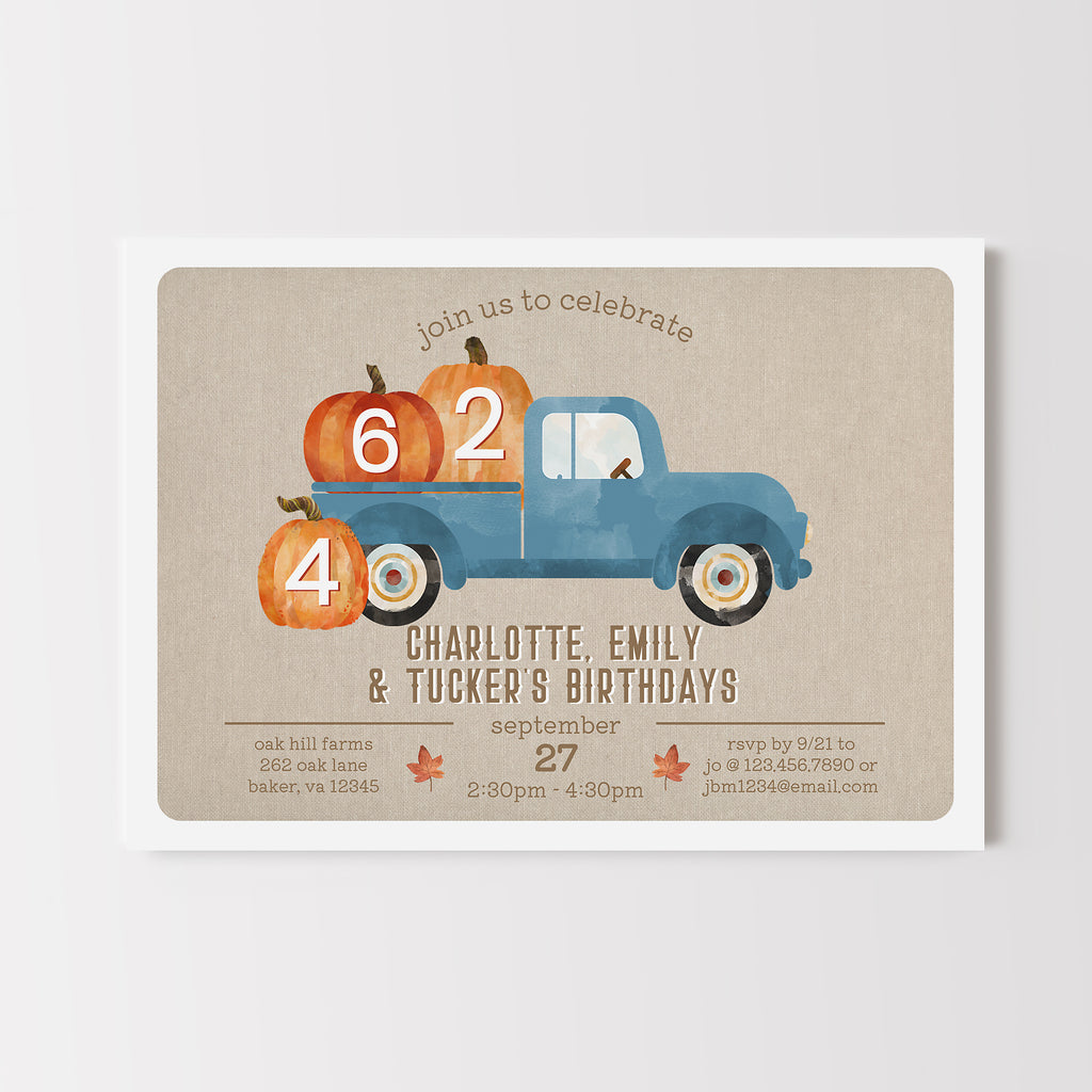 Fall birthday invitation for 3 kids with a vintage blue truck filled with pumpkins. 