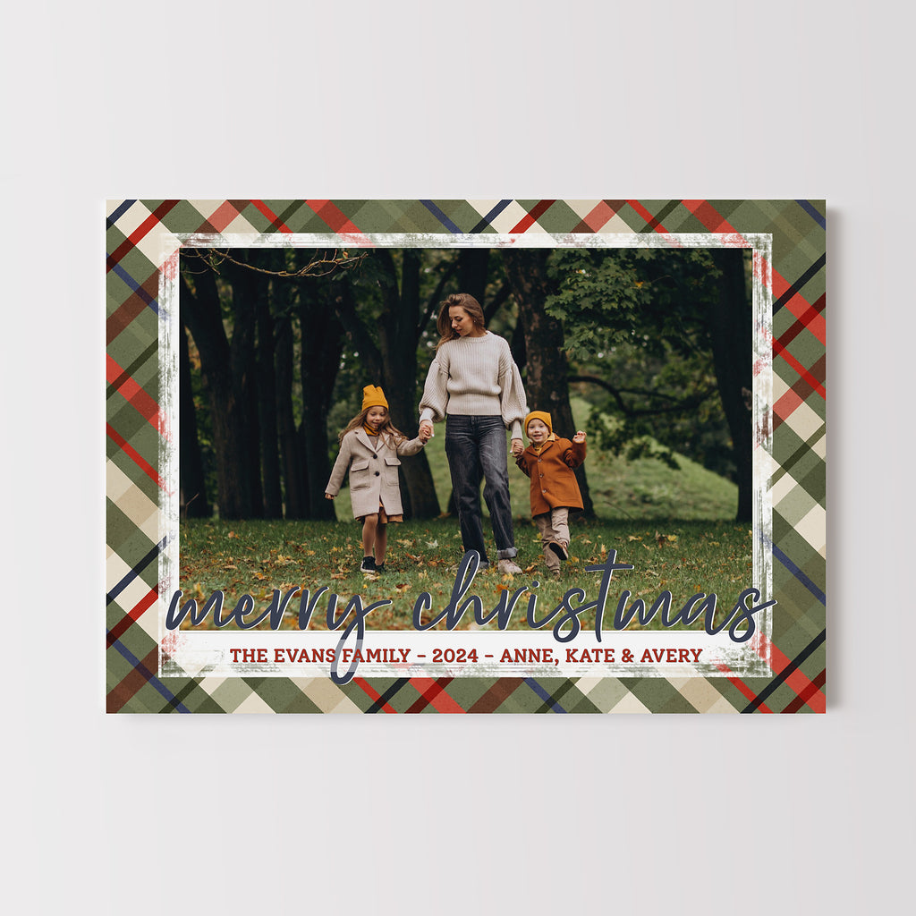 Christmas card with a family photo and plaid border on a white background