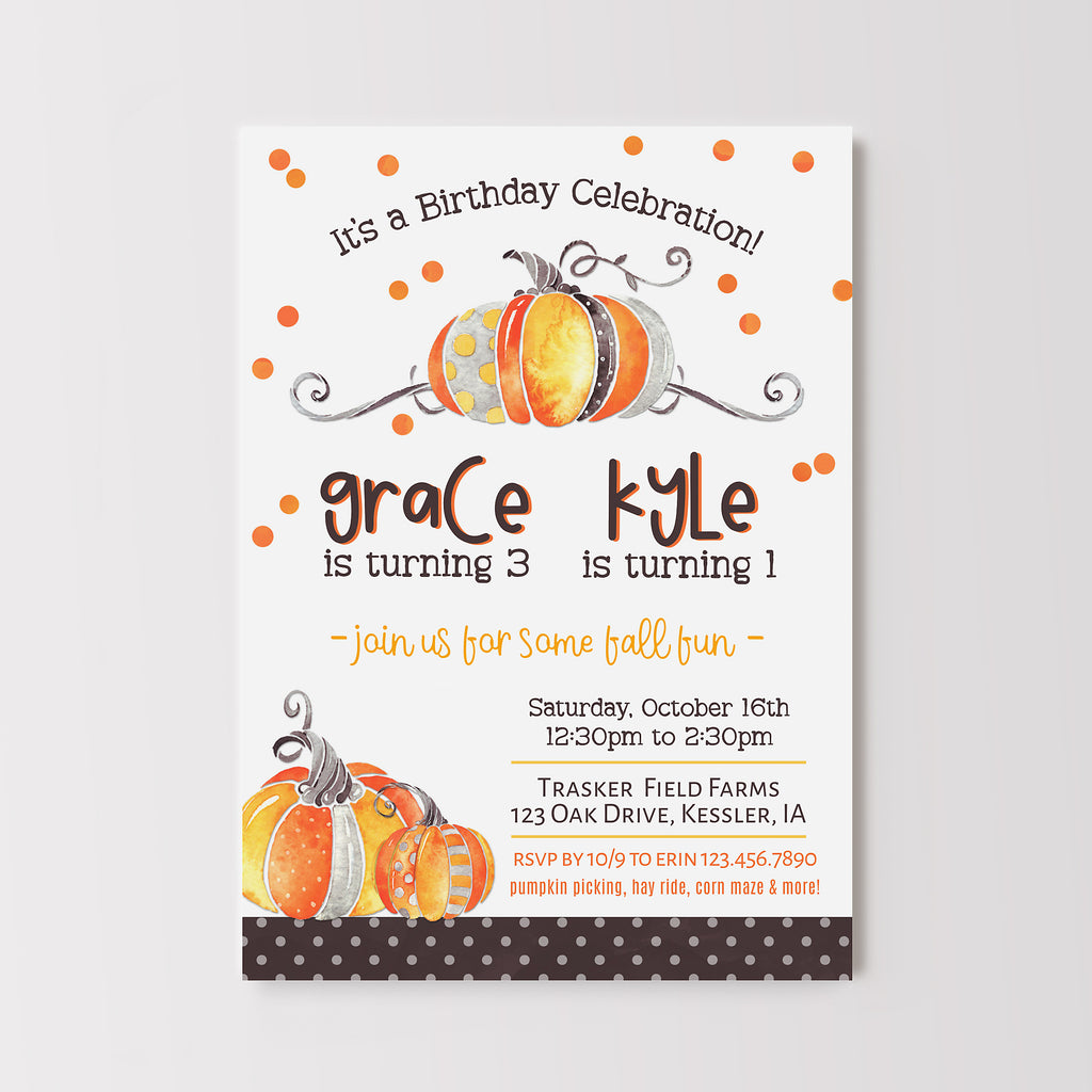 Fall birthday invitation for 1 or 2 kids with watercolor pumpkin graphics