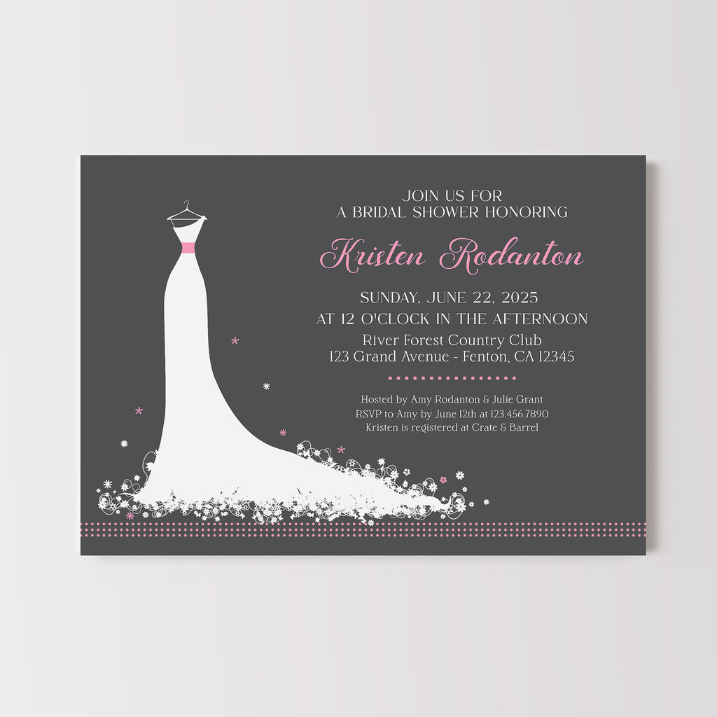 Bridal shower invitation with a white dress silhouette on a dark gray background