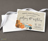 rustic fall birthday invitation with tan background, blue wheelbarrow, pumpkins and haybales, for one child, printed on cardstock