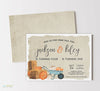 rustic fall birthday invitation with tan background, blue wheelbarrow, pumpkins and haybales, for two children, double sided