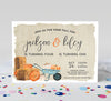 rustic fall birthday invitation with tan background, blue wheelbarrow, pumpkins and haybales, for two children