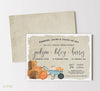 rustic fall birthday invitation with tan background, blue wheelbarrow, pumpkins and haybales, for three children