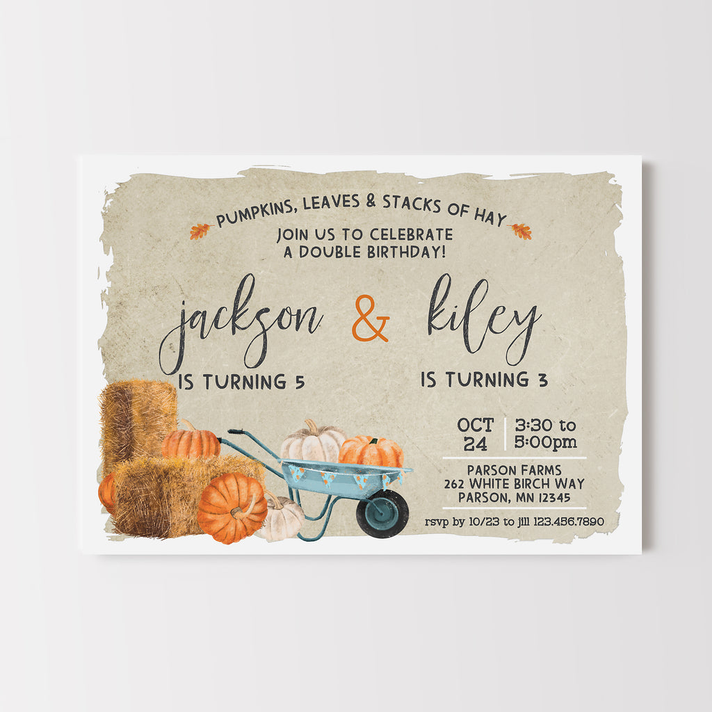 Fall birthday invitation with a wheelbarrow, bales of hay and pumpkins
