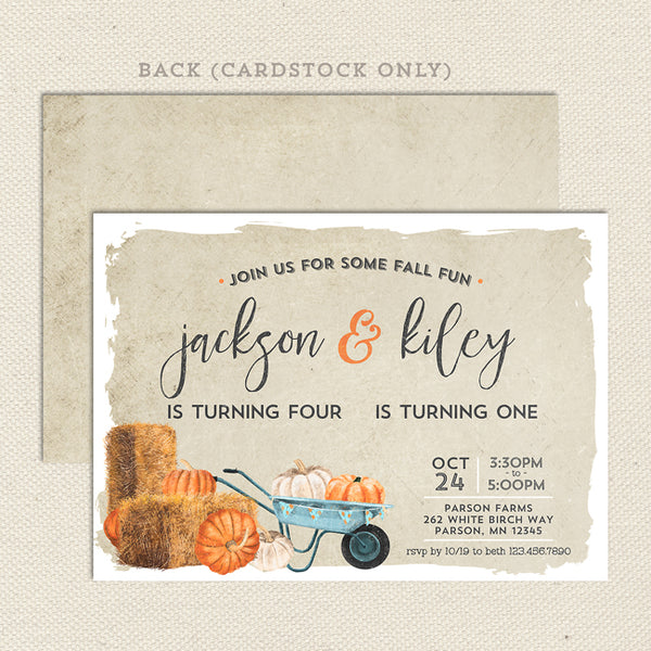 rustic wheelbarrow fall double birthday invitation sibling