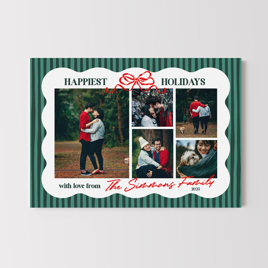 Christmas card template in horizontal format with a green striped background, wavy border, red bow and 5 photos. 