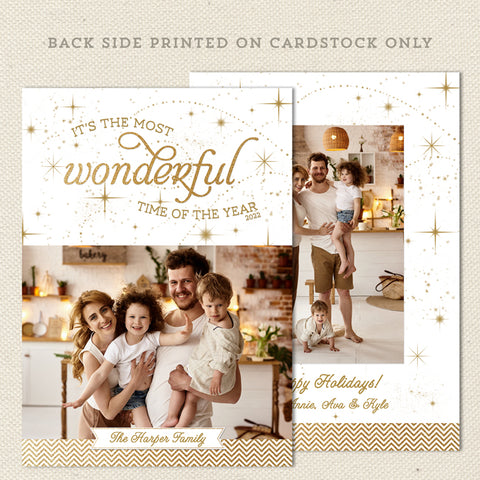 wonderful time of year white gold printable christmas photo card, vertical, front