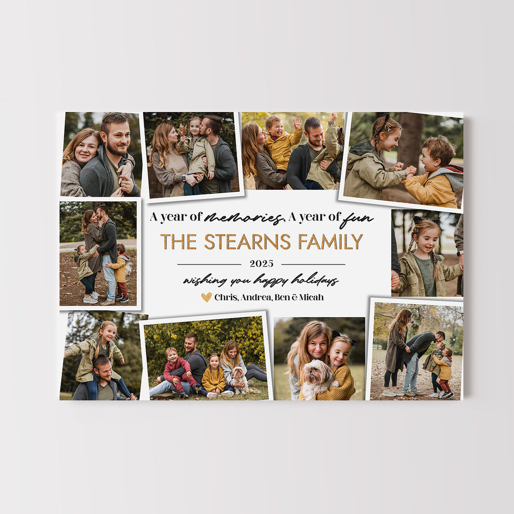 Holiday photo card with a frame of 10 photos scattered around the border and holiday message in the center. 