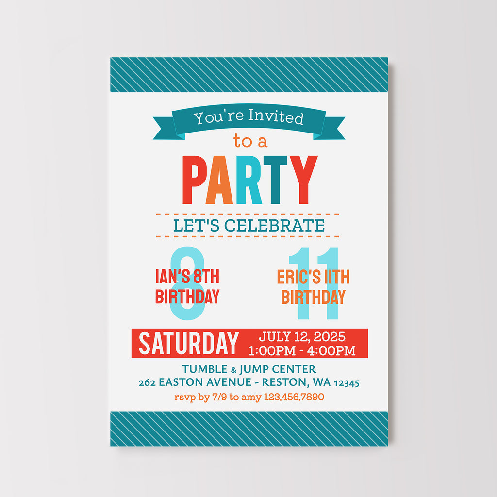 Birthday party invitation with colorful text on a white background