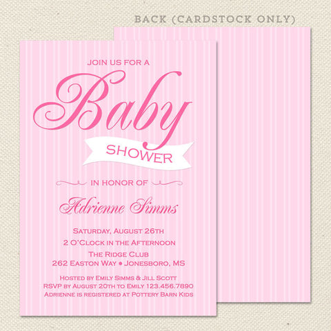 pink stripes girl baby shower invitation