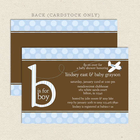 blue airplane boy baby shower invitation