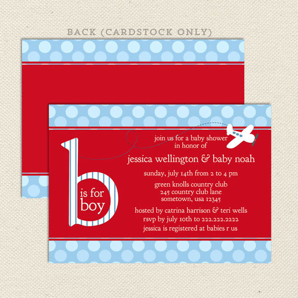 red airplane boy baby shower invitation