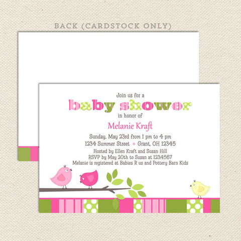 bird girl baby shower invitation green pink