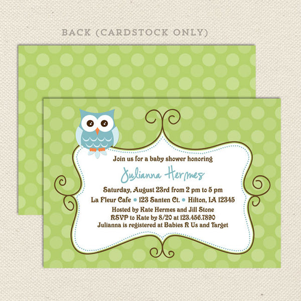 owl boy baby shower invitation blue green