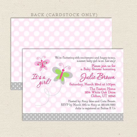 pink butterfly girl baby shower invitation