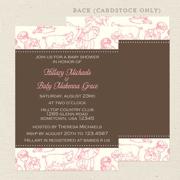 pink toile girl baby shower invitation