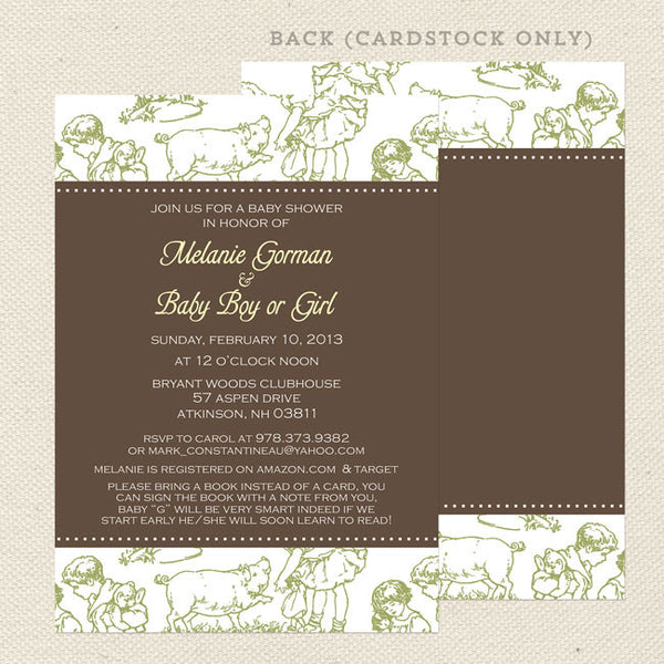green toile neutral baby shower invitation