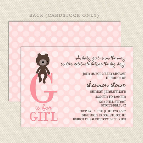 teddy bear girl baby shower invitation