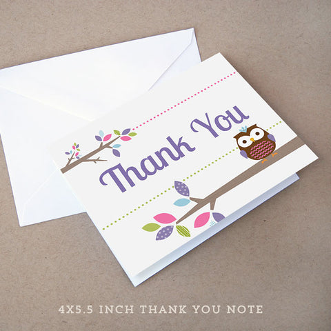 treetop friends owl girl baby shower thank you note