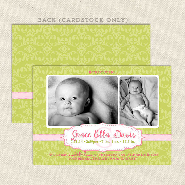 grace girl birth announcement green