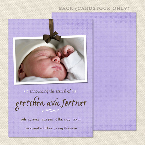 gretchen girl birth announcement purple