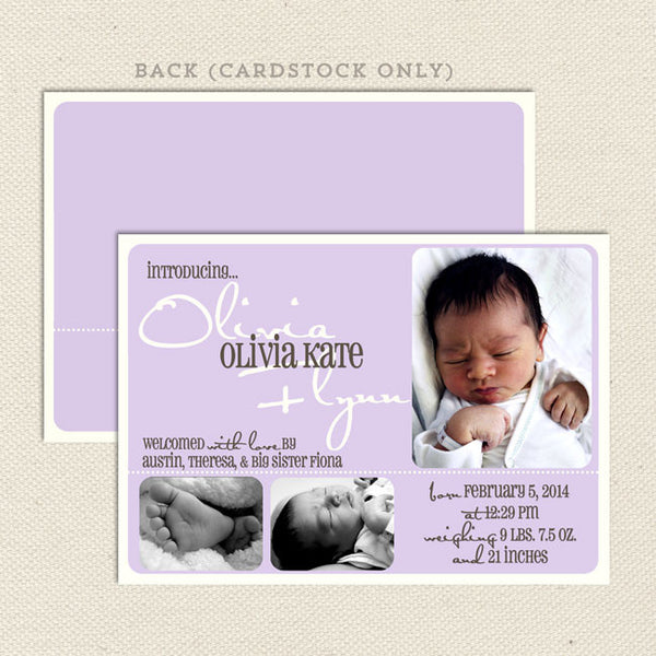 olivia girl birth announcement lavender
