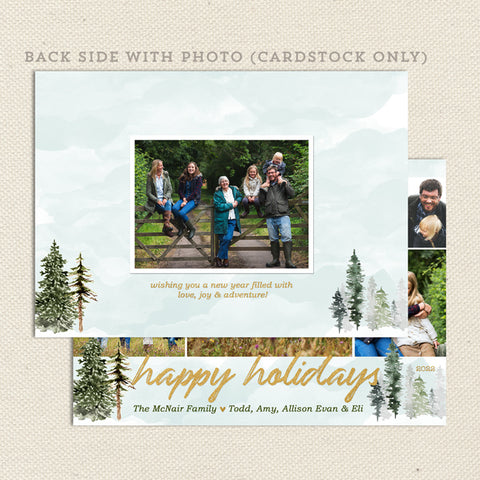 evergreen watercolor christmas card back with photo
