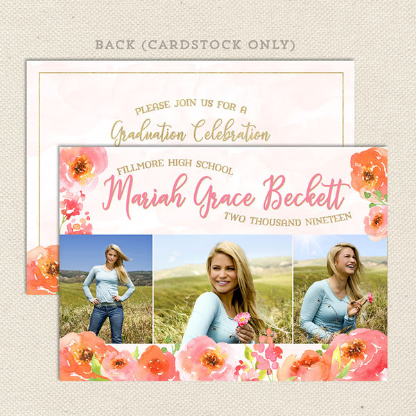 pink poppies floral graduation announcement