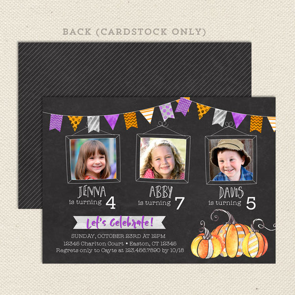 halloween bunting triple birthday invitation