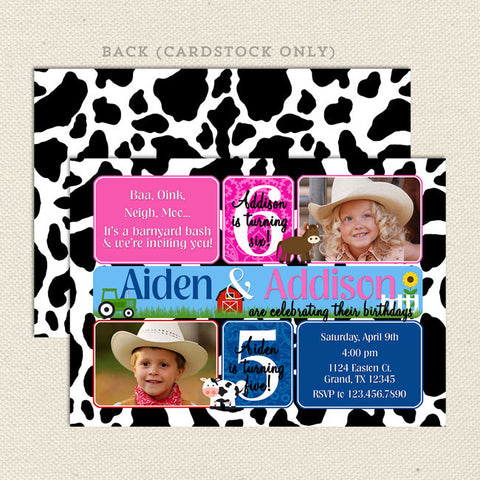 farm joint birthday invitation pink blue