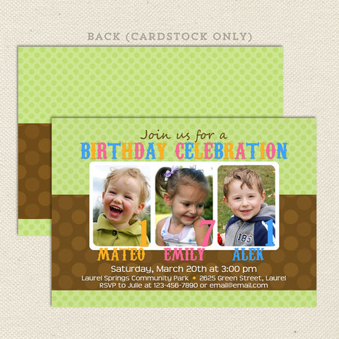 Three 3 child joint birthday party invitations green