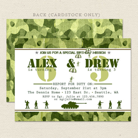 army camouflage joint birthday party invitation green