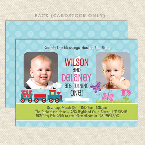 butterfly train joint birthday party invitations