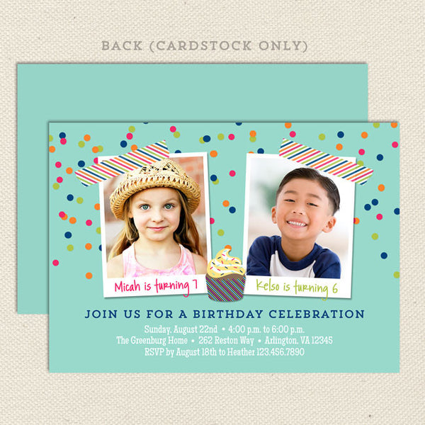 colorful confetti joint birthday party invitations neutral boy girl