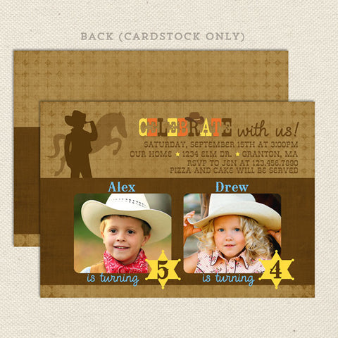 cowboy cowgirl joint birthday party invitations