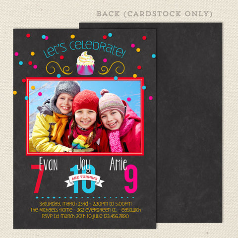 cupcake confetti joint birthday party invitations triplet 